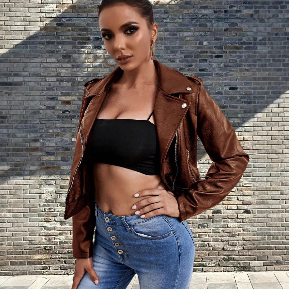 Damen modische Bikerjacke aus Kunstleder mit stilvollem Reißverschluss EB