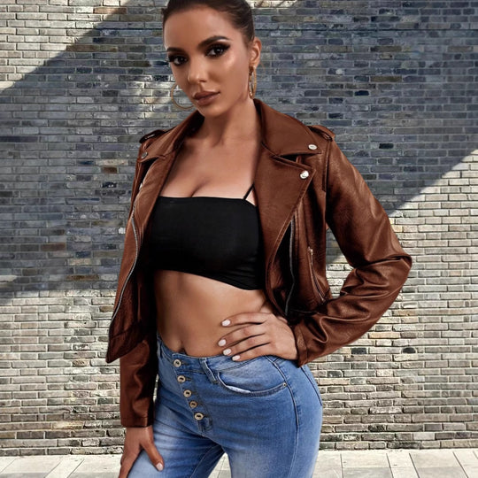 Damen modische Bikerjacke aus Kunstleder mit stilvollem Reißverschluss EB