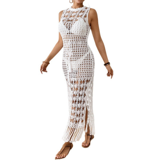 Damen Häkelstrandkleid mit dekorativem Fransen und durchbrochenem Design EB