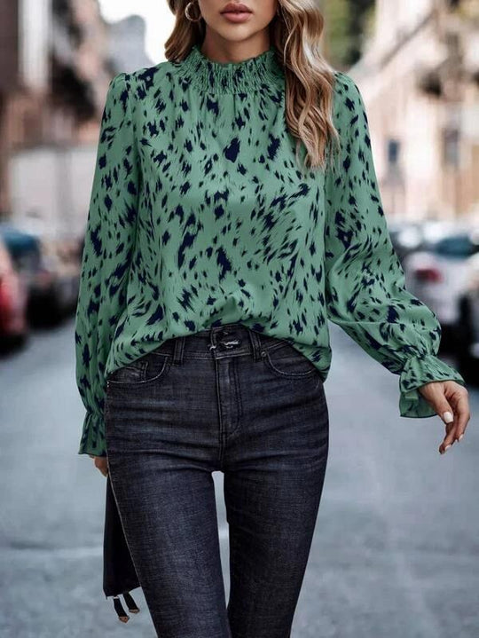 Damen Modische Bluse mit Rüschensaum und Animal-Print EB