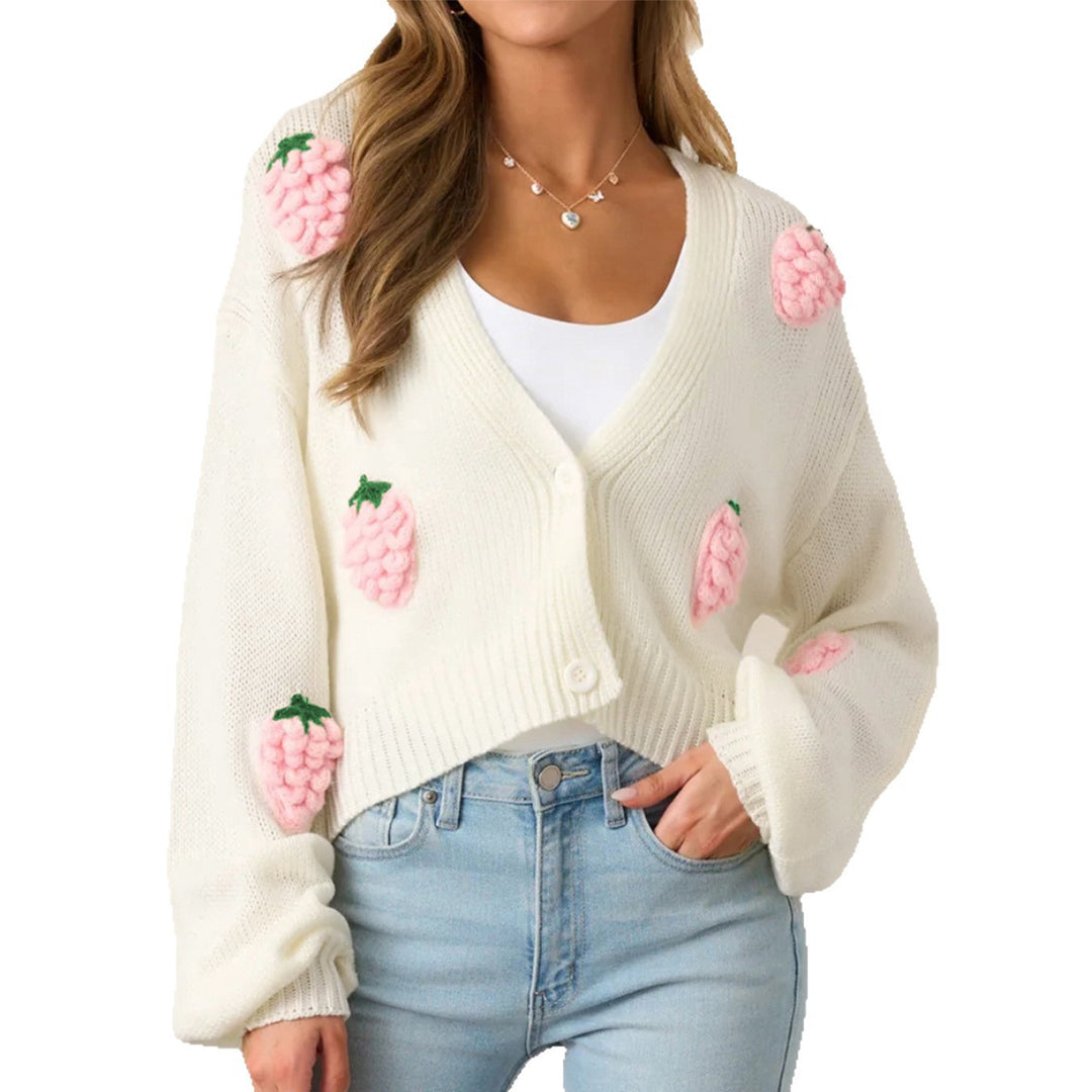 Damen lässige Strickjacke mit fruchtigen Applikationen und offenen Ärmeln EB