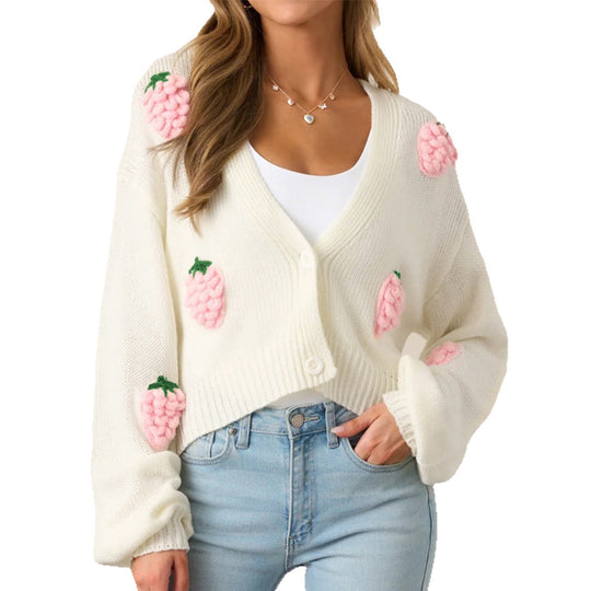 Damen lässige Strickjacke mit fruchtigen Applikationen und offenen Ärmeln EB