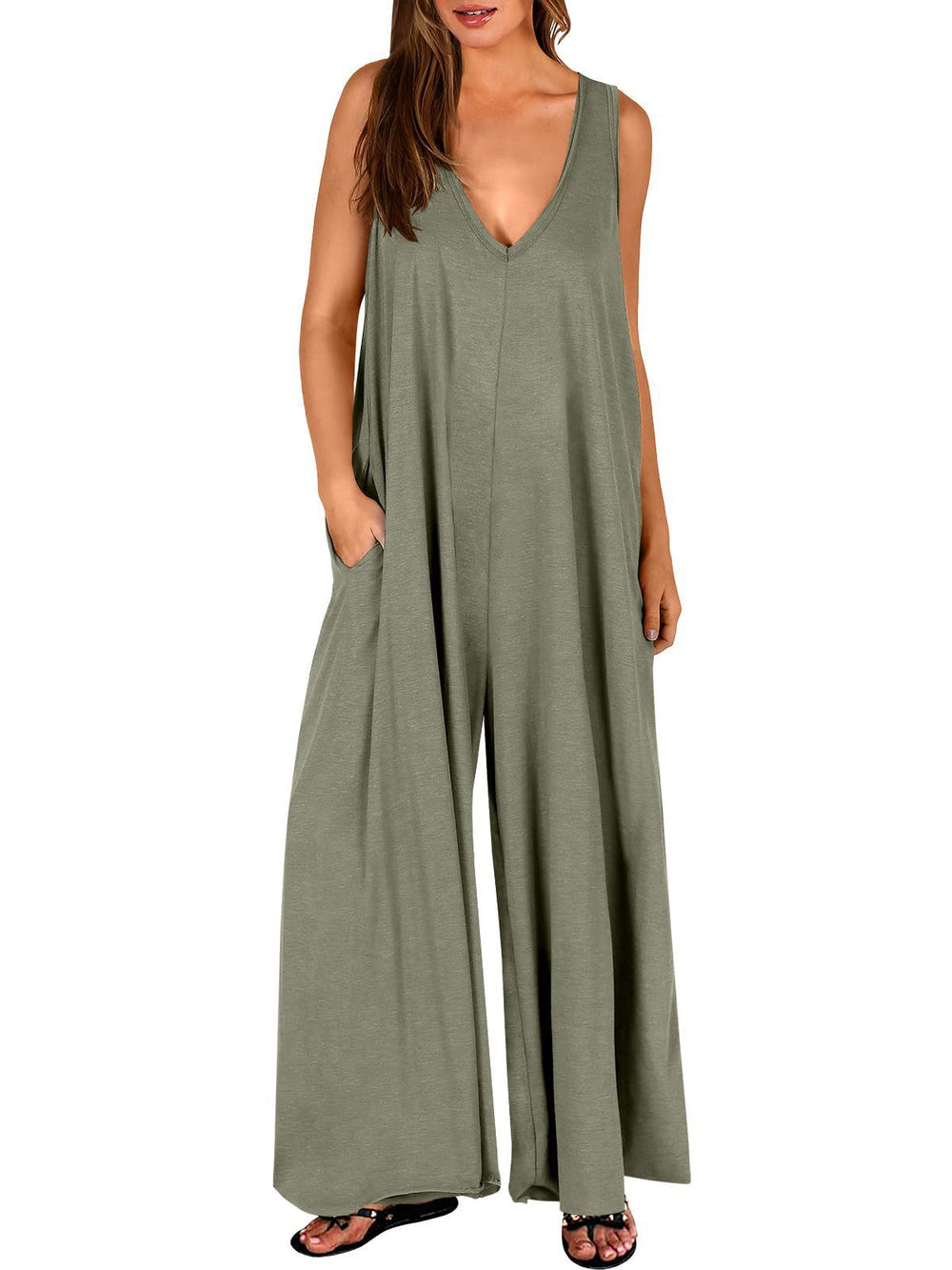 Damen Lockerer Jumpsuit mit tiefem V-Ausschnitt und seitlichen Taschen EB