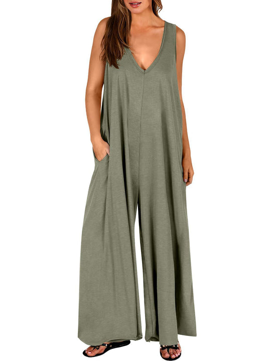 Damen Lockerer Jumpsuit mit tiefem V-Ausschnitt und seitlichen Taschen EB
