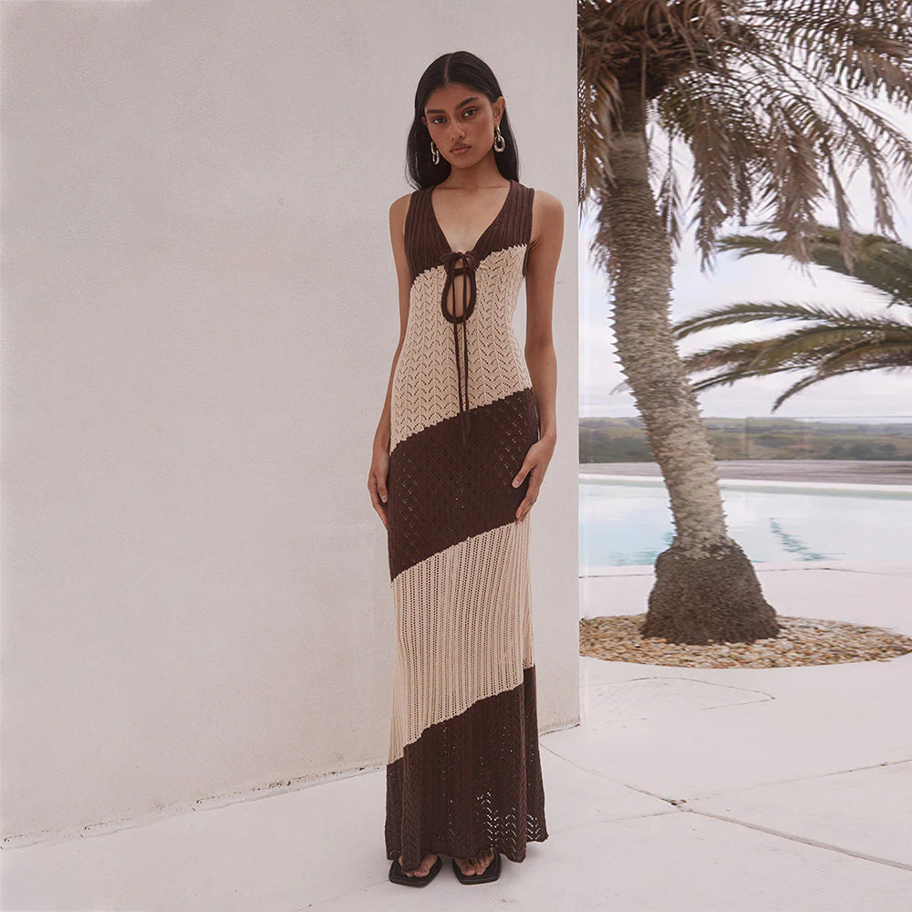 Damen gehäkeltes Maxikleid mit tiefem V-Ausschnitt und Bindegürtel EB