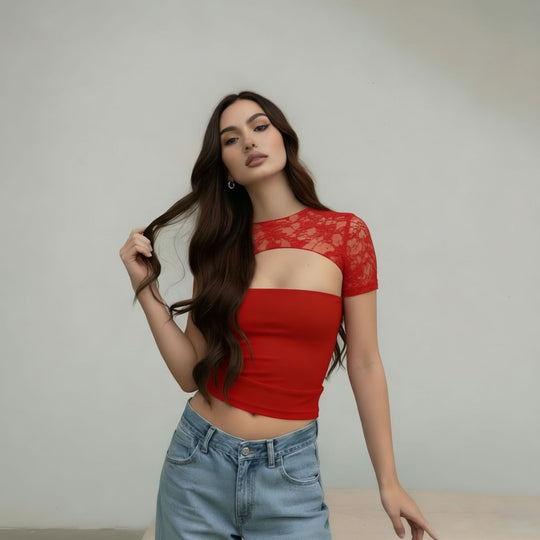 Damen Crop-Top mit Spitzenärmel und figurbetontem Schnitt EB