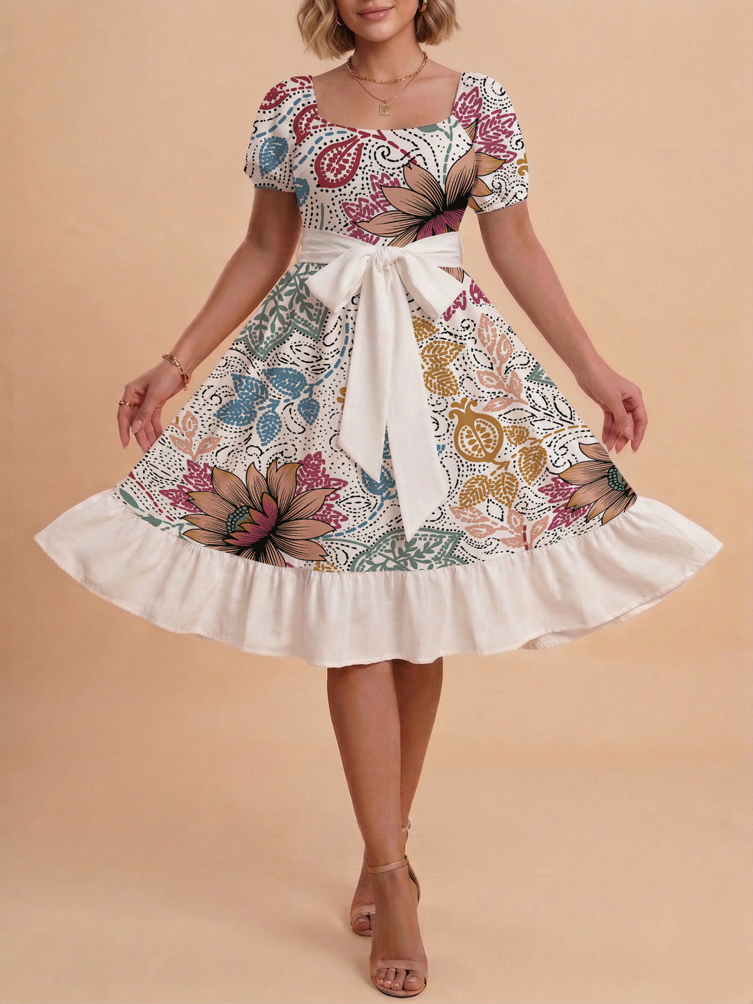 Damen modernes Blumenkleid mit elegantem Taillengürtel und asymmetrischem Saum EB