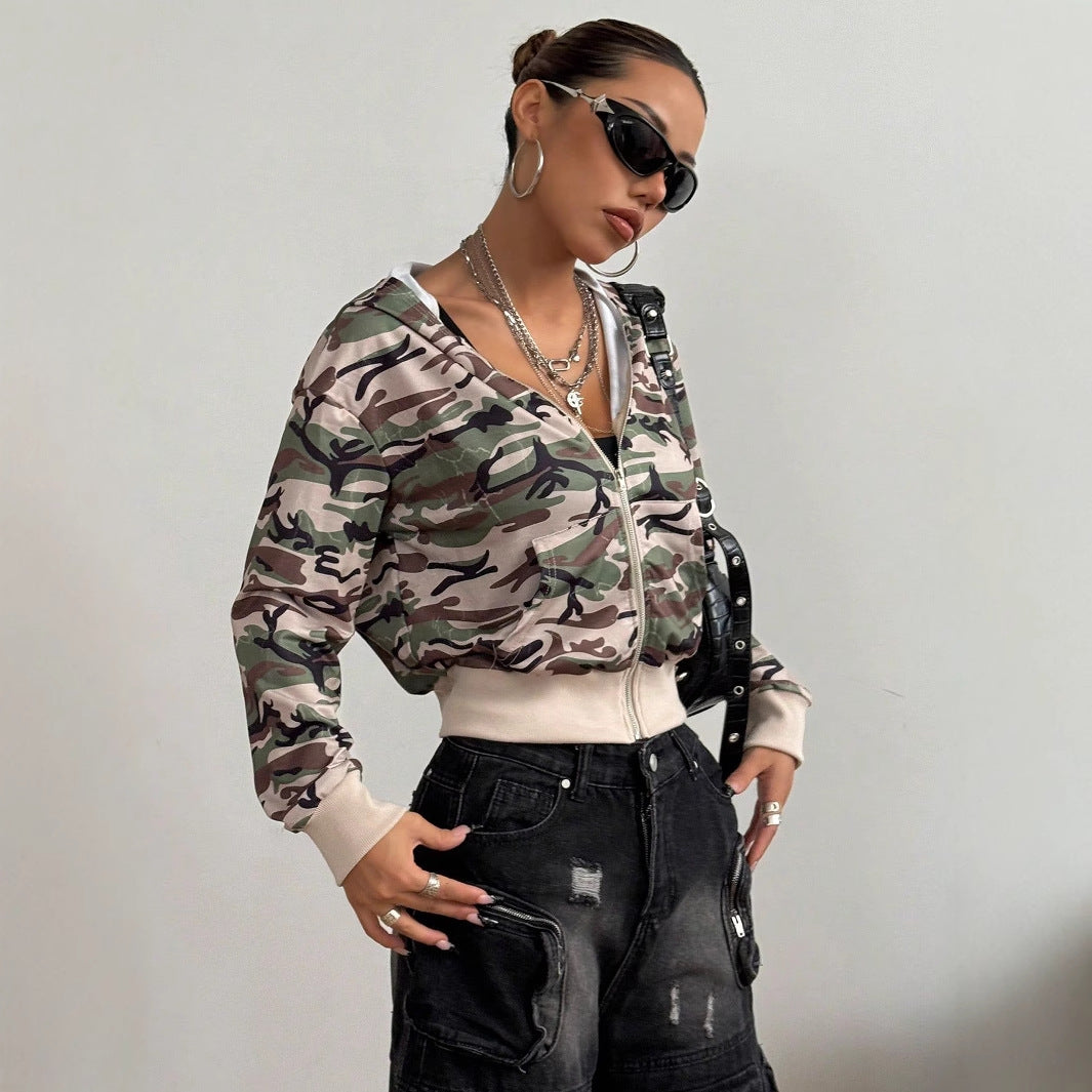 Damen Cargojacke im trendigen Camouflage-Design mit Kapuze und elastischem Bund EB
