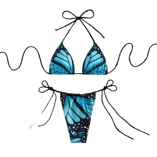 Damen Triangel-Bikini mit buntem Schmetterlingsmuster und verstellbaren Bindebändern EB
