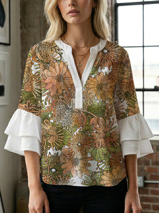 Damen Bluse mit voluminösen Rüschenärmeln und kreativem Floraldesign EB