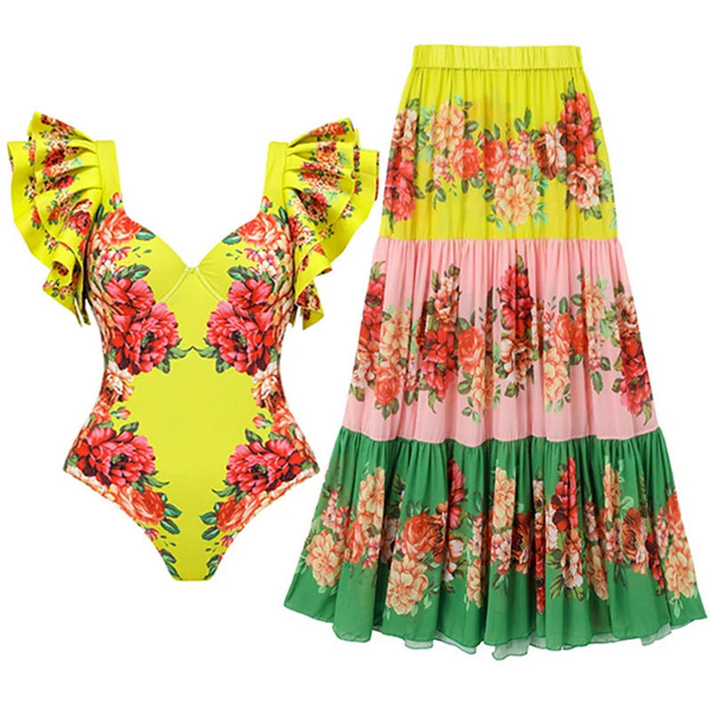 Damen Badeanzug mit Rüschendetails und floralem Rock EB