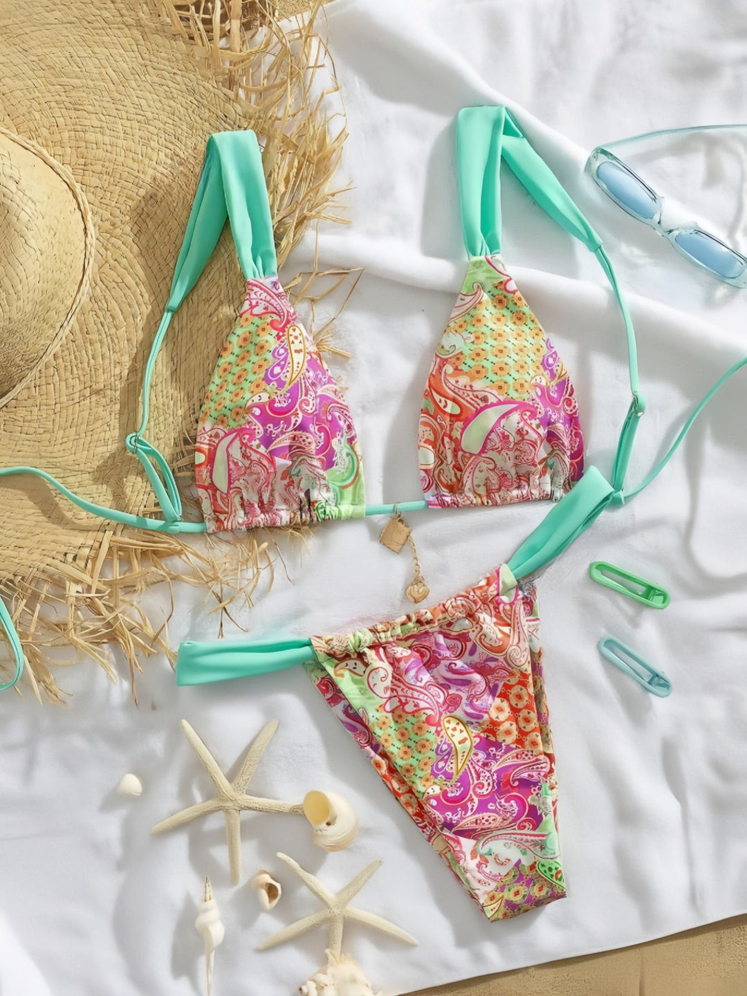 Damen Triangel-Bikini mit buntem Paisleymuster und verstellbaren Trägern EB