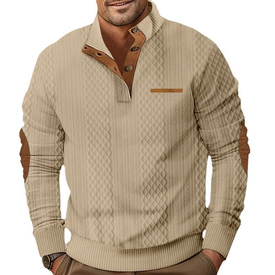 Herren nan strukturierter Stehkragen-Pullover mit halber Knopfleiste und Ellbogen-Patches EB