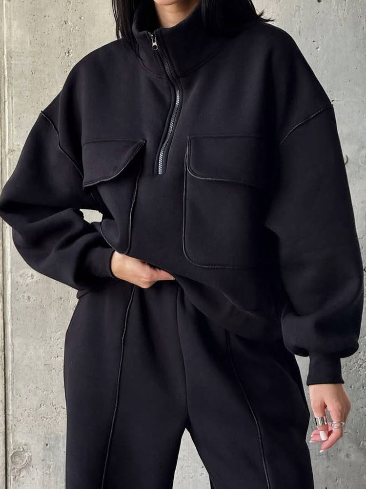Damen nan Oversize Halbzip-Sweatshirt mit aufgesetzten Klappentaschen und Kontrastpaspeln EB
