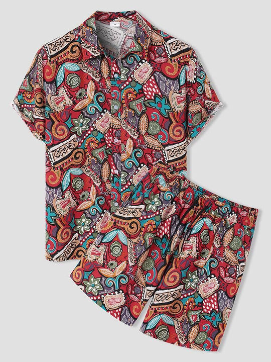 Damen kurzärmliges Ferienhemd mit buntem Muster und bequemen Shorts EB