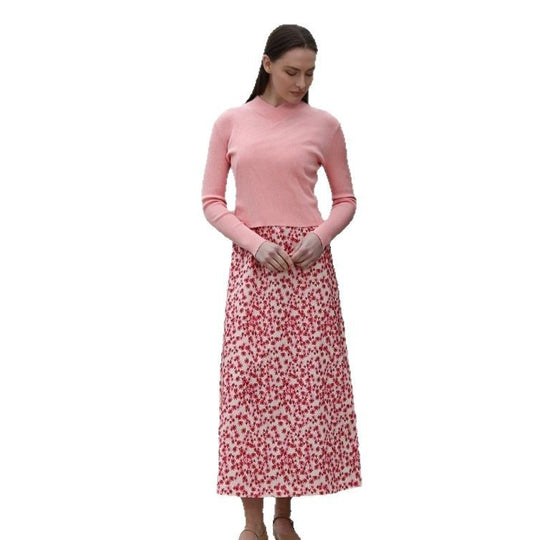 Damen Kombination aus modischem Pullover und Maxirock mit floralen Mustern EB