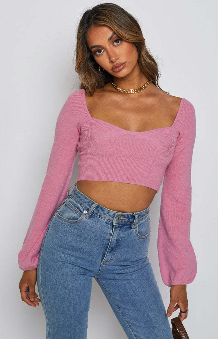 Damen elegantes cropped Oberteil mit schicker Rippstruktur und weitem Ärmel EB