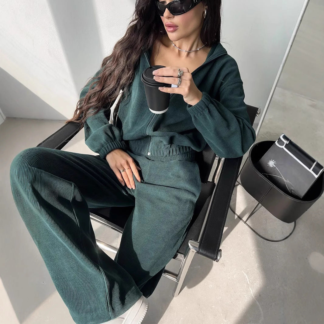Damen nan kurzes Kapuzen-Loungewear-Set mit durchgehendem Reißverschluss, elastischem Komfortbund und gerippter Struktur EB
