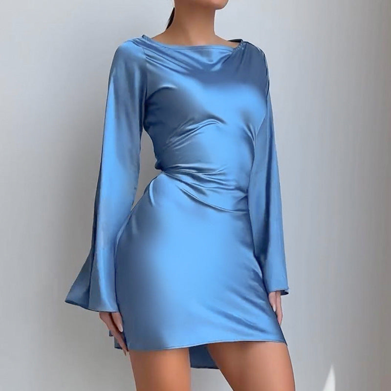 Damen Elegantes Wickelkleid mit glattem Stoff und weit geschnittenen Ärmeln EB