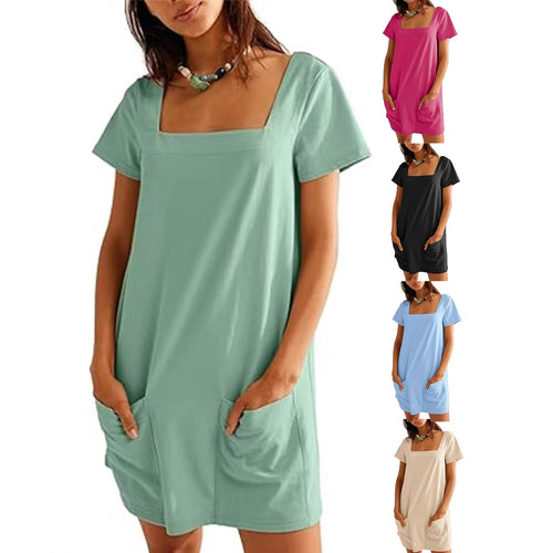 Damen lässiges Tunika-Kleid mit praktischen Taschen und Quadrat-Ausschnitt EB