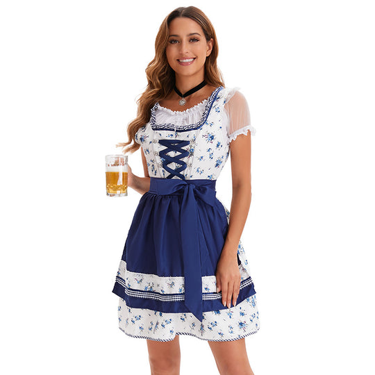 Damen nan kurzes Trachtenkleid im bayerischen Stil mit geschnürtem Mieder, Spitzenkragen und Schürzenrock EB