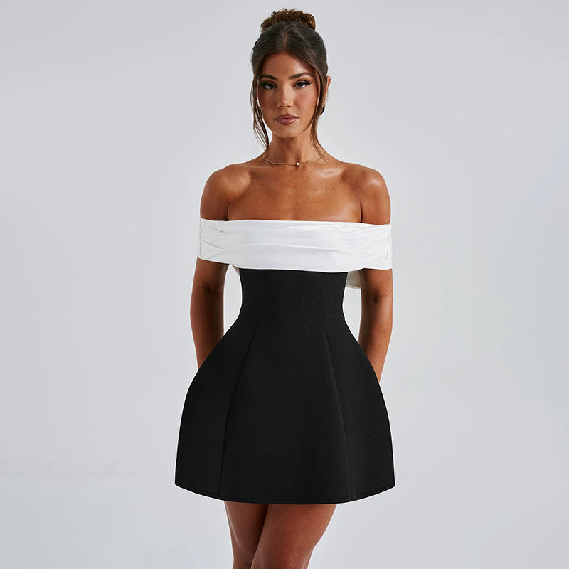 Damen schulterfreies Cocktailkleid mit elegantem Rüschenoberteil EB