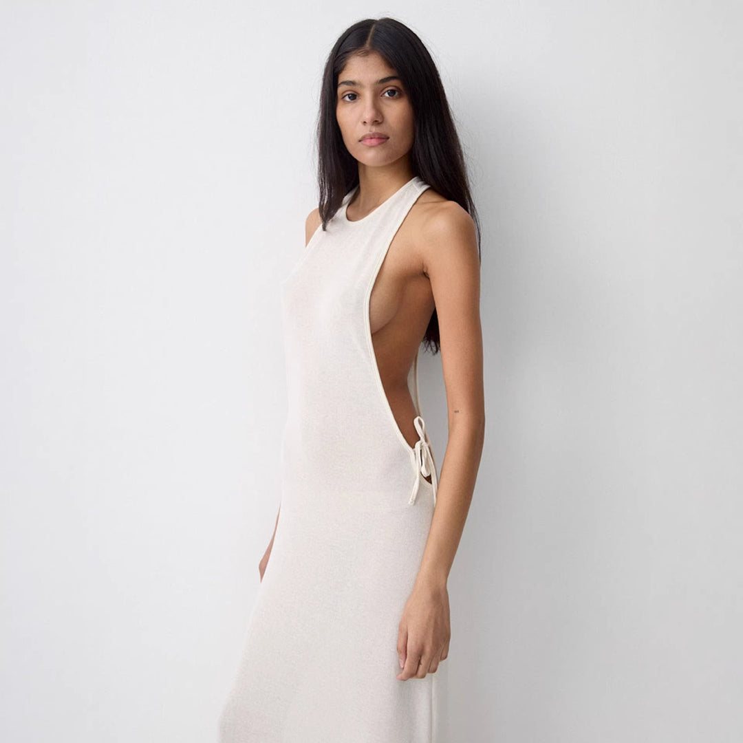 Damen Lange Seidenkleid mit kreativem Ausschnitt und eleganten Schleifendetails EB