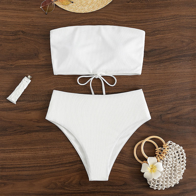 Damen Bandeau-Bikini-Set mit hohem Taillenbund und strukturiertem Stoff EB