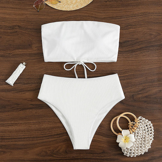Damen Hoch tailliertes Bikini-Set mit geripptem Stoff EB