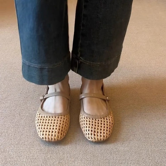 Damen atmungsaktive Kunstleder-Ballerinas mit geflochtenem Design EB