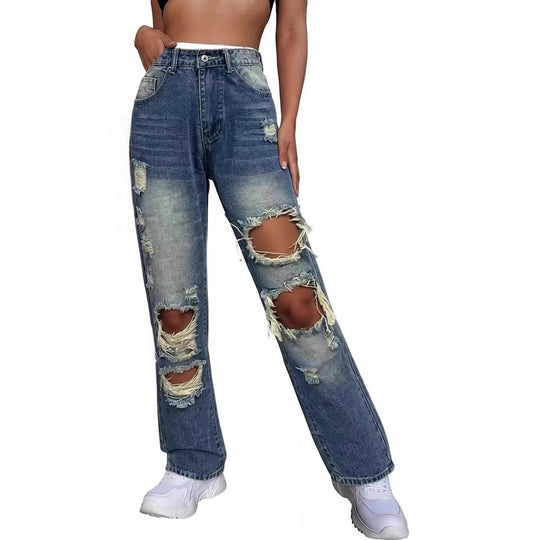 Damen lässige Destroyed Jeans mit weitem Bein und trendigen Rissdetails EB