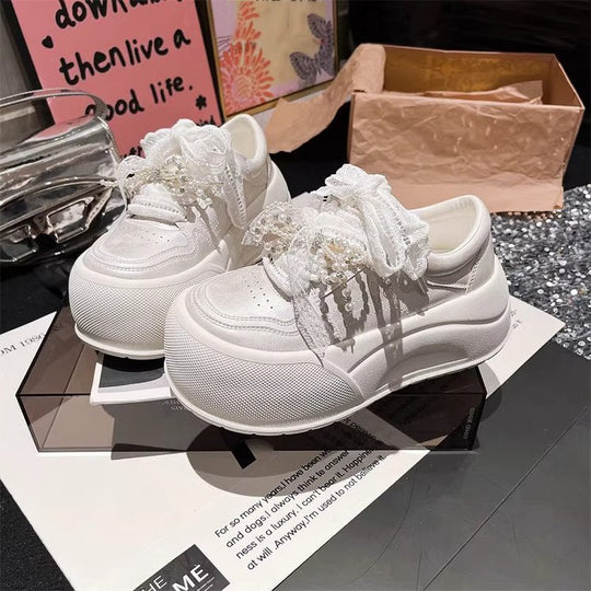 Damen modische Plateau-Sneaker mit dekorativem Schleifendetail und eleganter Schnürung EB