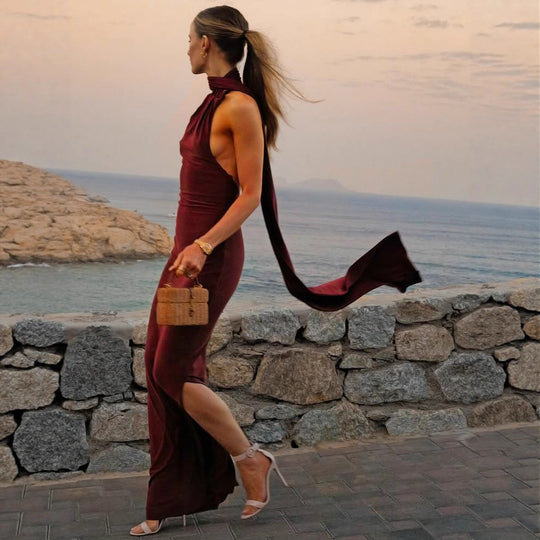 Damen Elegantes Maxikleid mit innovativem Wickeldesign und asymmetrischem Halterhals EB