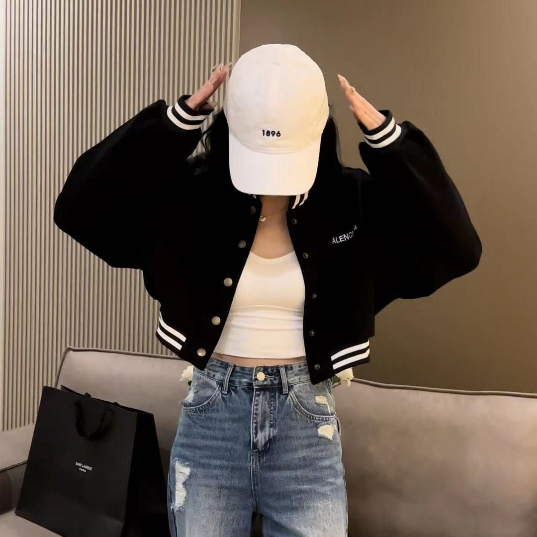 Damen lässige cropped Bomberjacke mit kontrastierenden Streifen und Druckknöpfen EB