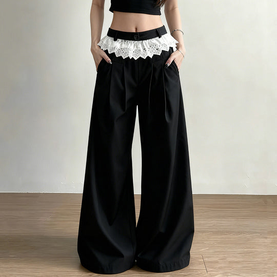 Damen Elegante weite High-Waist-Hose mit Spitzenbesatz EB
