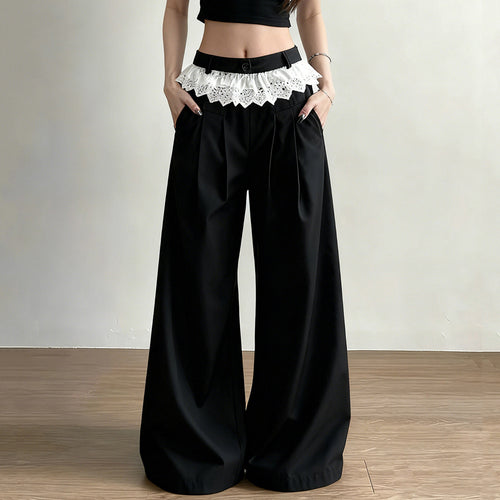 Damen Elegante weite High-Waist-Hose mit Spitzenbesatz EB