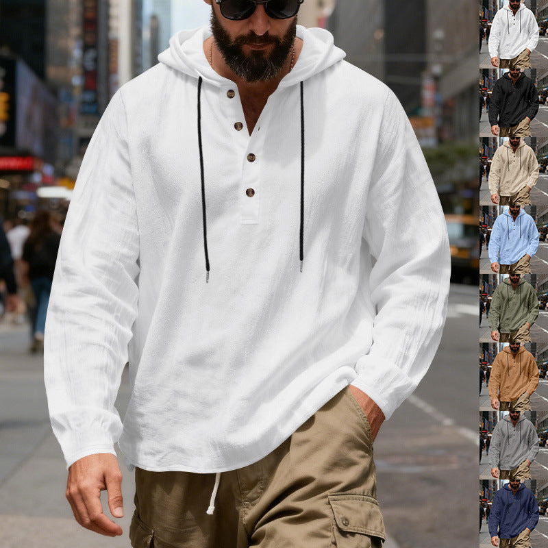Herren nan Henley-Kapuzenpullover mit Knopfleiste und verstellbarem Kordelzug EB