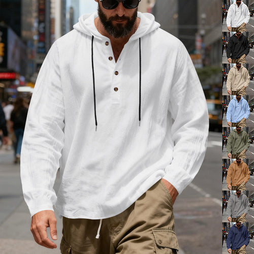 Herren nan Henley-Kapuzenpullover mit Knopfleiste und verstellbarem Kordelzug EB