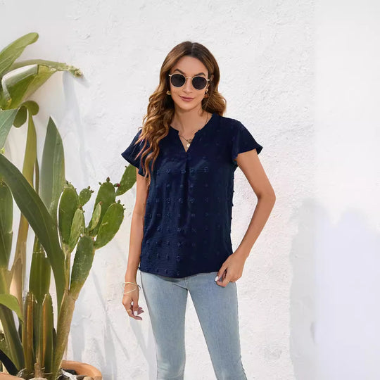 Damen Leichtes Kurzarmblusenshirt mit strukturiertem Material und eleganten Details EB