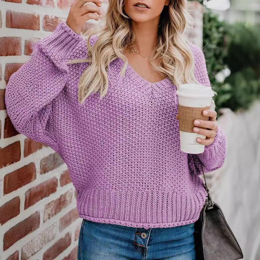 Damen lässiger V-Ausschnitt Pullover mit lockerem Schnitt und strukturiertem Strick EB