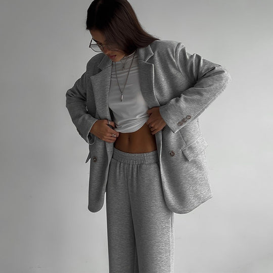 Damen elegantes und lässiges Anzugset mit doppelter Knopfleiste und weitem Bein EB