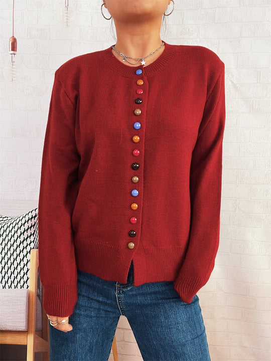 Damen stilvolle Strickjacke mit bunten Knöpfen EB