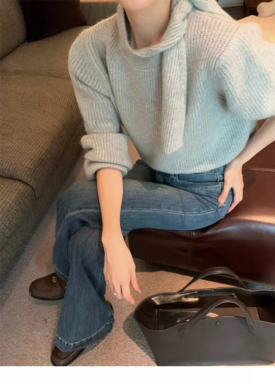 Damen Strickpullover mit verspieltem Kragen und modernem Rippdesign EB