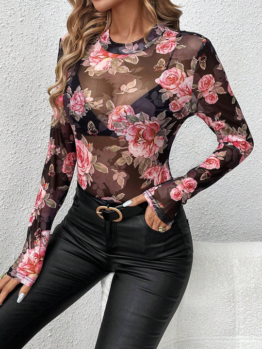 Damen Elegantes Mesh-Top mit floralen Akzenten EB