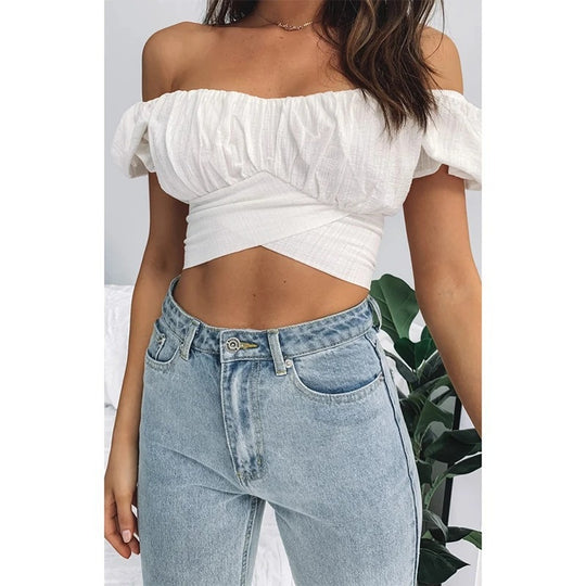 Damen Off-Shoulder Crop-Top mit Rüschendetails und elegantem Wickeldesign EB