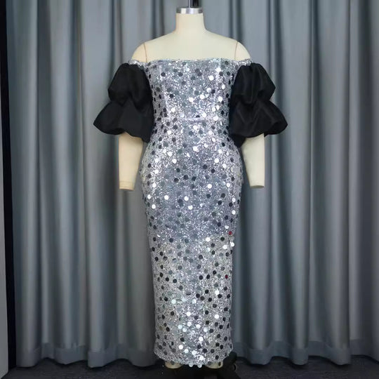 Damen Glitzerndes Abendkleid mit voluminösen Puffärmeln EB