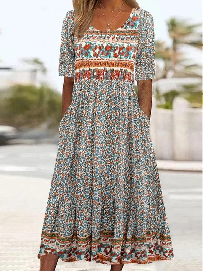 EB | Rundhalsausschnitt Kurzarm Bohemian Print Kleid Frauen