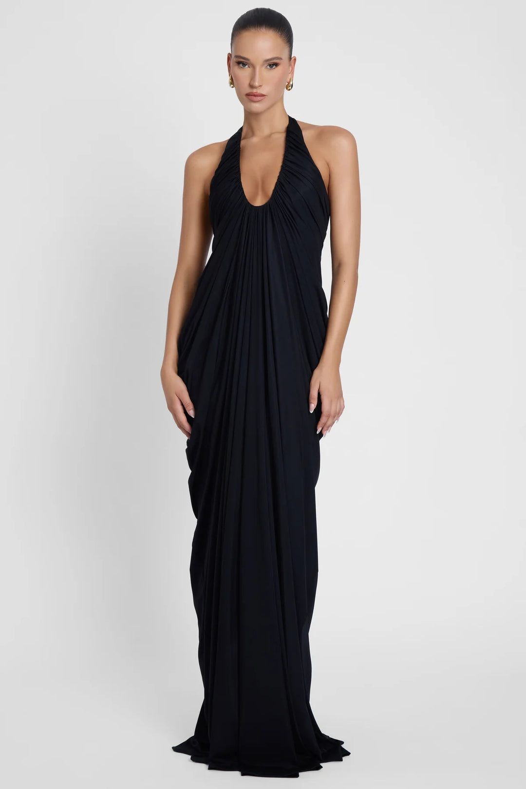 Damen Elegantes Maxikleid mit tiefem V-Ausschnitt und fließendem Drapé EB