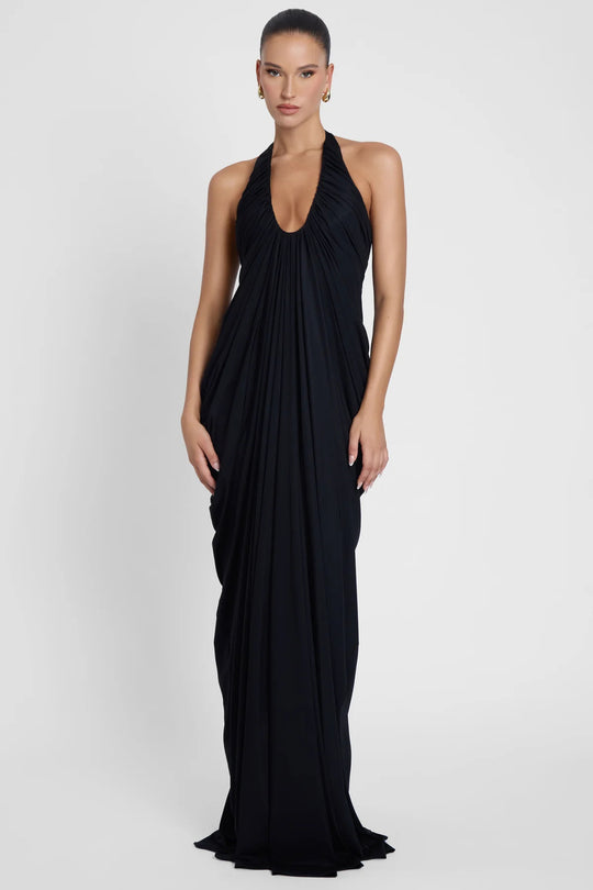 Damen Elegantes Maxikleid mit tiefem V-Ausschnitt und fließendem Drapé EB