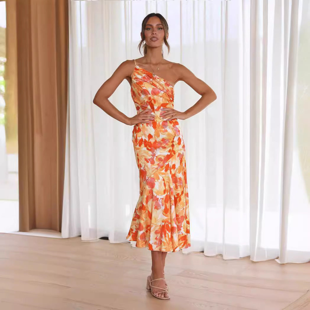 Damen Elegantes Maxikleid mit floralem Design und Spaghettiträgern EB